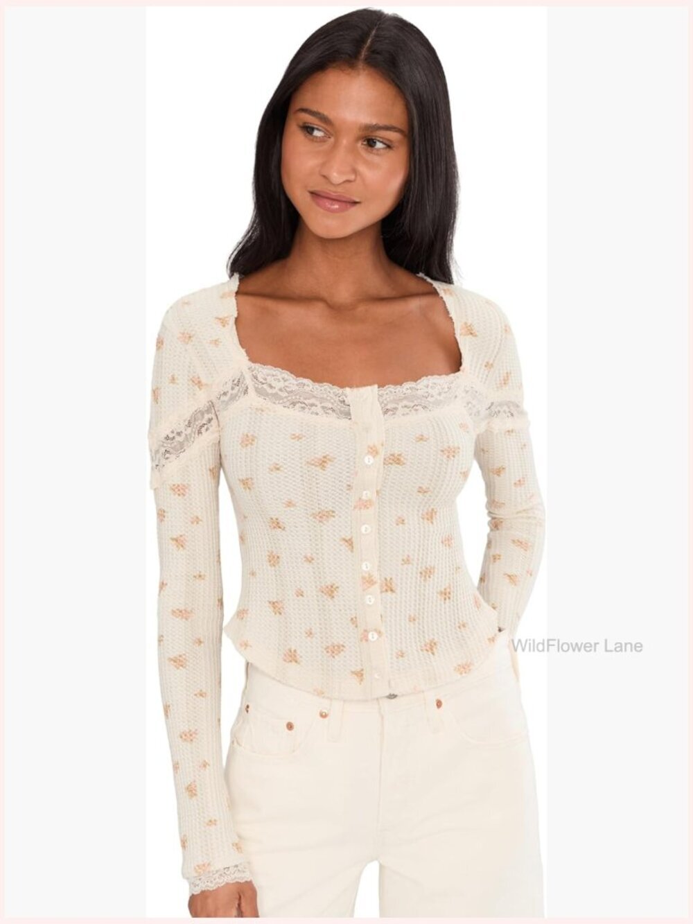 Womens Waffle Knit Lace Trim Cardigan Classic Fit Button Up Long Sleeve